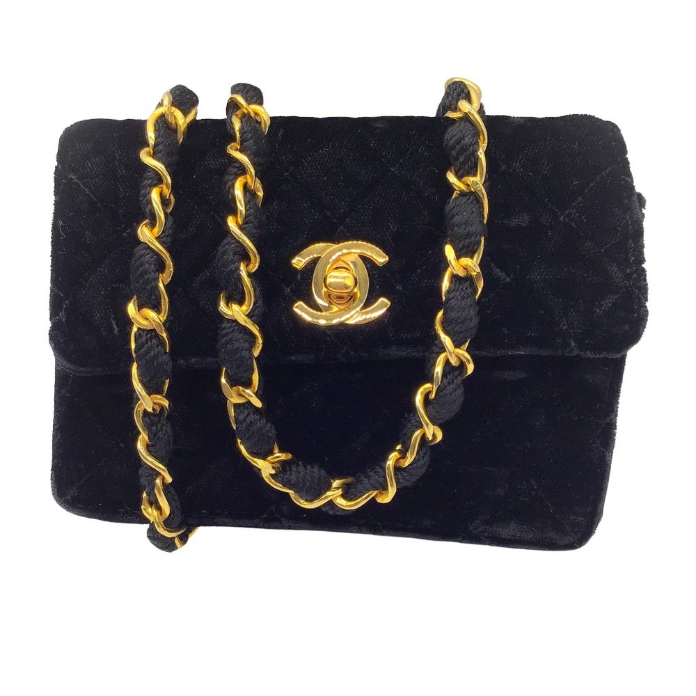 CHANEL BLACK VINTAGE 80'S QUILTED VELVET MINI FLAP BAG